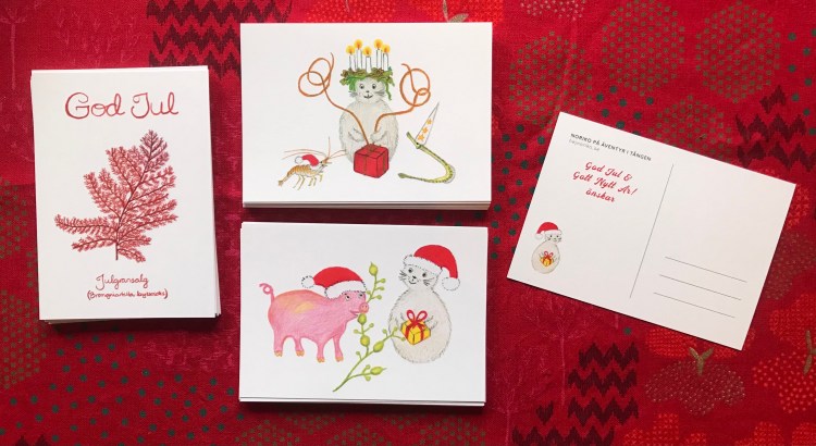 Norikos julkort: Noriko som lucia, Noriko med knöltång och julgris, julgransalg